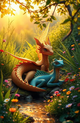 A golden brown winged earth dragon with textured scales lies gracefully beside a smaller, wingless water dragon with shimmering, iridescent blue and green scales