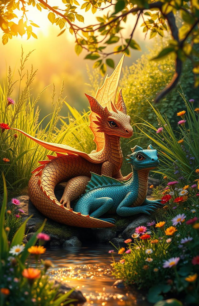 A golden brown winged earth dragon with textured scales lies gracefully beside a smaller, wingless water dragon with shimmering, iridescent blue and green scales