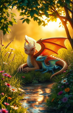 A golden brown winged earth dragon with textured scales lies gracefully beside a smaller, wingless water dragon with shimmering, iridescent blue and green scales