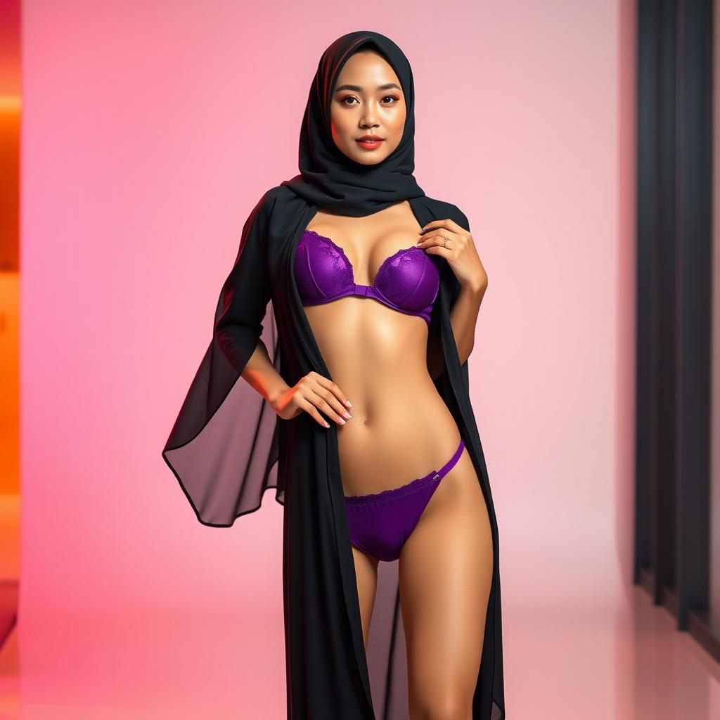 A fashionable Chinese woman wearing a black hijab, complemented by a striking purple bra and matching underwear