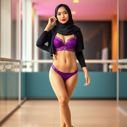 A fashionable Chinese woman wearing a black hijab, complemented by a striking purple bra and matching underwear