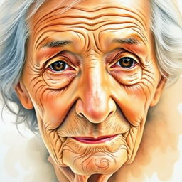 A beautiful watercolor portrait of an elderly person, capturing intricate facial details with soft shadows to highlight wrinkles and expressions