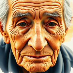 A beautiful watercolor portrait of an elderly person, capturing intricate facial details with soft shadows to highlight wrinkles and expressions