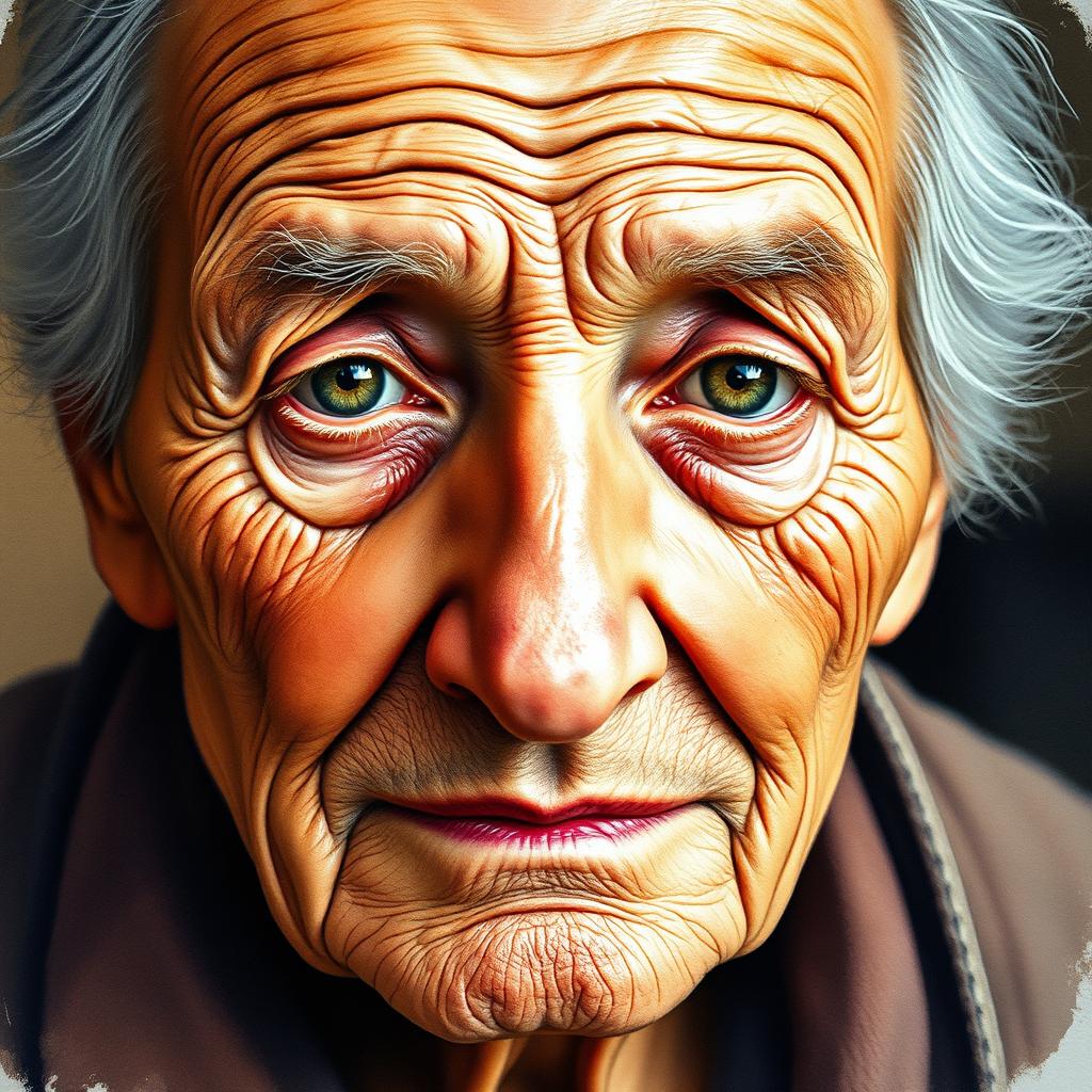 A beautiful watercolor portrait of an elderly person, capturing intricate facial details with soft shadows to highlight wrinkles and expressions