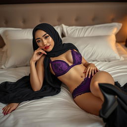 A captivating Chinese woman wearing a black hijab, elegantly paired with a striking purple bra and matching underwear