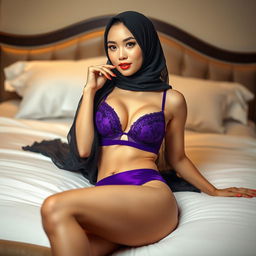 A captivating Chinese woman wearing a black hijab, elegantly paired with a striking purple bra and matching underwear