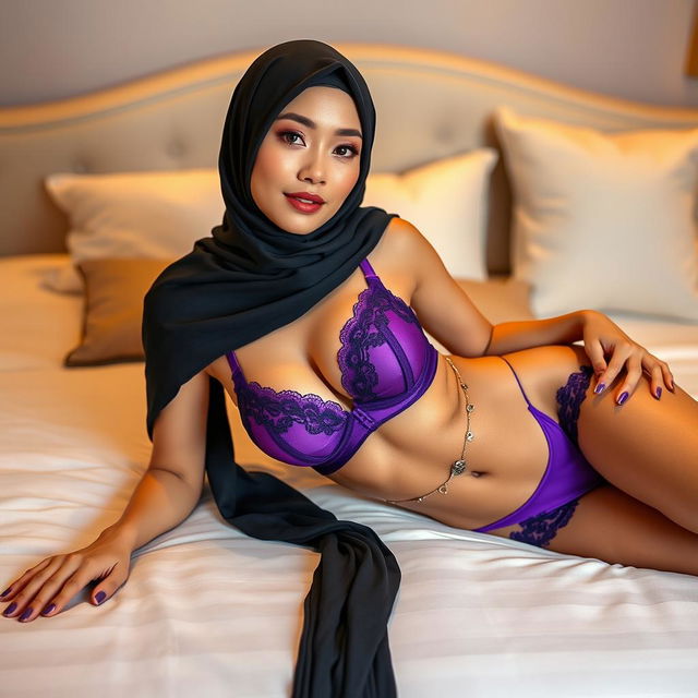 A captivating Chinese woman wearing a black hijab, elegantly paired with a striking purple bra and matching underwear