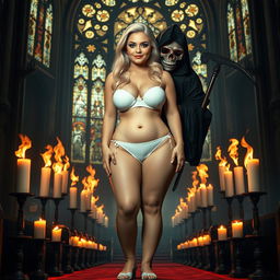 A striking 18-year-old curvy blonde girl with a thin face, featuring large round soft breasts, a soft belly, wide soft hips, large round thighs, and thick round legs