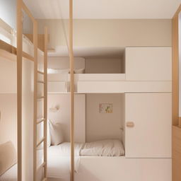 Compact 3x4 room featuring a cozy bunk bed, tastefully furnished with light color palette