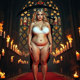A striking 18-year-old curvy blonde girl with a thin face, featuring large round soft breasts, a soft belly, ultra wide soft round hips, large round thighs, and thick round legs