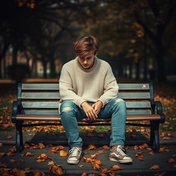 A melancholic young man sitting on a park bench, looking down with a distant expression