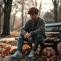 A melancholic young man sitting on a park bench, looking down with a distant expression