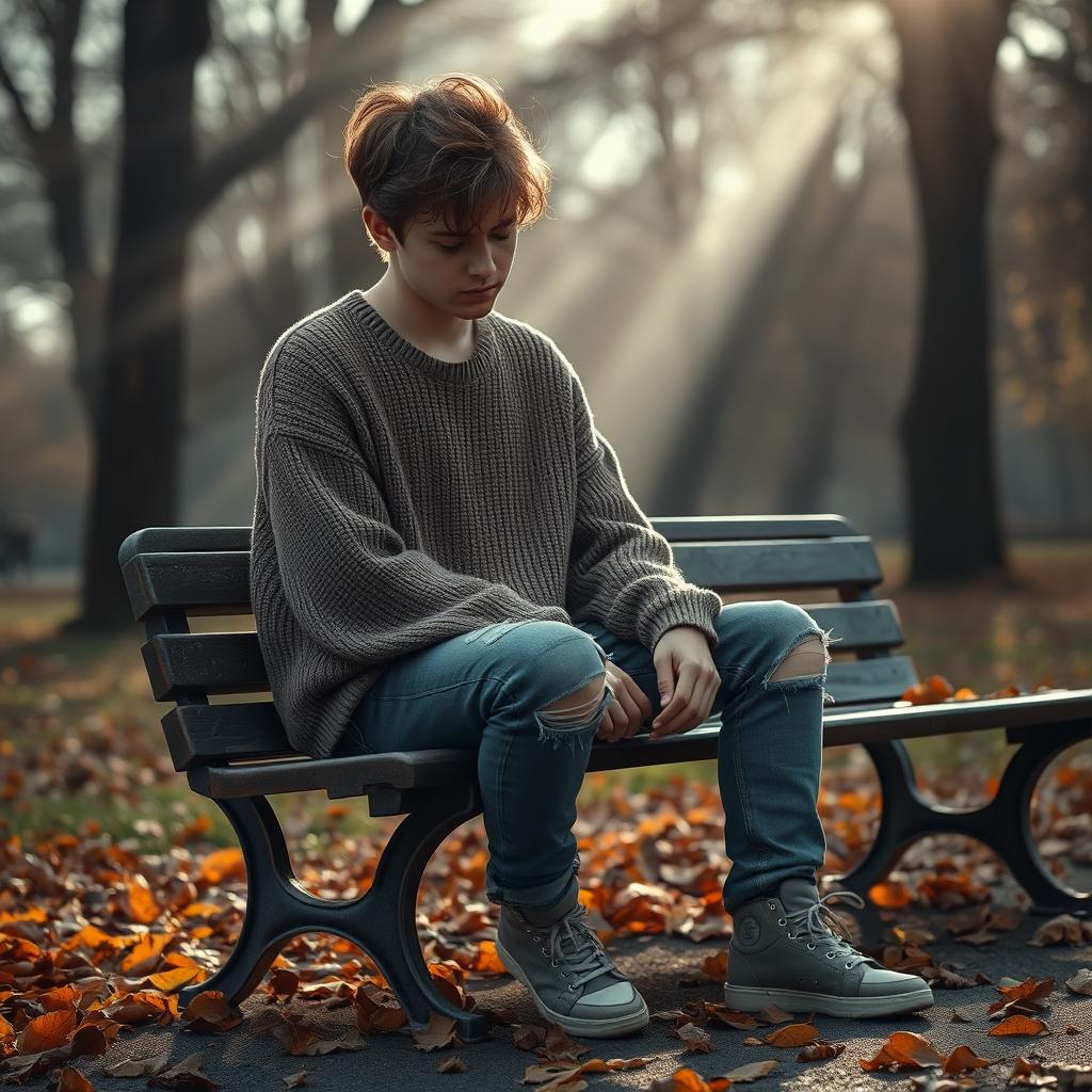 A melancholic young man sitting on a park bench, looking down with a distant expression