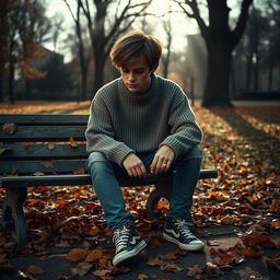 A melancholic young man sitting on a park bench, looking down with a distant expression