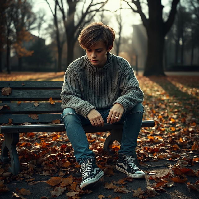 A melancholic young man sitting on a park bench, looking down with a distant expression