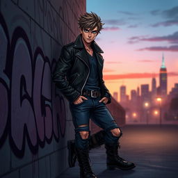 A stylish and rebellious character exuding a 'bad boy' vibe, dressed in a sleek black leather jacket, ripped jeans, and combat boots