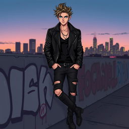 A stylish and rebellious character exuding a 'bad boy' vibe, dressed in a sleek black leather jacket, ripped jeans, and combat boots