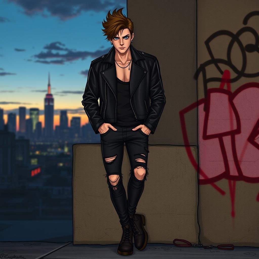 A stylish and rebellious character exuding a 'bad boy' vibe, dressed in a sleek black leather jacket, ripped jeans, and combat boots