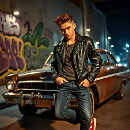 A stylish teenage boy with a confident and rebellious attitude, dressed in a sleek leather jacket, skinny jeans, and stylish sneakers