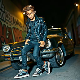 A stylish teenage boy with a confident and rebellious attitude, dressed in a sleek leather jacket, skinny jeans, and stylish sneakers