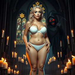 An alluring 18-year-old curvy blonde girl with a thin face, characterized by large round soft breasts, a soft belly, ultra wide soft round hips, large round thighs, and thick round legs