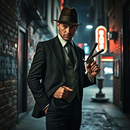 A sleek and powerful gangster standing confidently in a dimly lit urban alley, wearing a stylish fedora hat and a tailored pinstripe suit