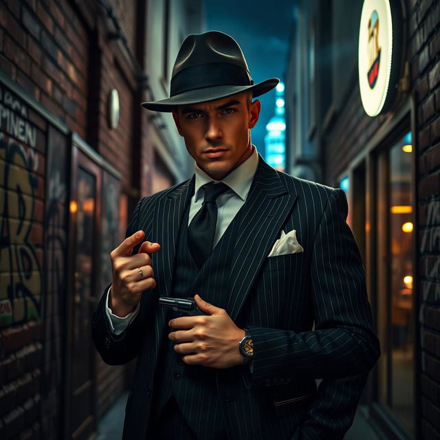 A sleek and powerful gangster standing confidently in a dimly lit urban alley, wearing a stylish fedora hat and a tailored pinstripe suit