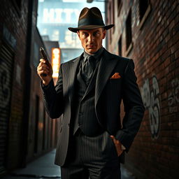 A sleek and powerful gangster standing confidently in a dimly lit urban alley, wearing a stylish fedora hat and a tailored pinstripe suit