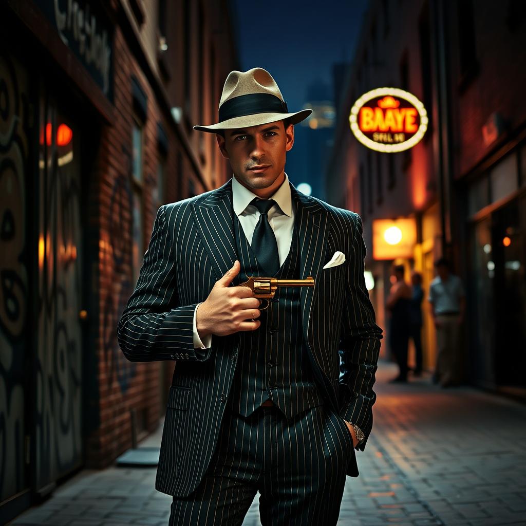 A sleek and powerful gangster standing confidently in a dimly lit urban alley, wearing a stylish fedora hat and a tailored pinstripe suit