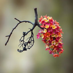A branch intricately shaped like a human lung, featuring the right side vibrant and full of colorful blossoms in various hues, giving a sense of life and beauty