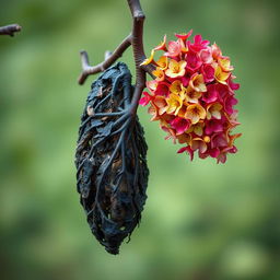 A branch intricately shaped like a human lung, featuring the right side vibrant and full of colorful blossoms in various hues, giving a sense of life and beauty