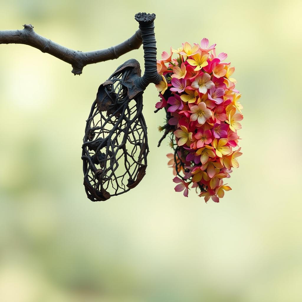 A branch intricately shaped like a human lung, featuring the right side vibrant and full of colorful blossoms in various hues, giving a sense of life and beauty