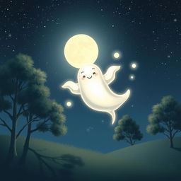 A whimsical ghost floating peacefully in a serene moonlit landscape, with soft glowing edges and a translucent body that shimmers ethereally