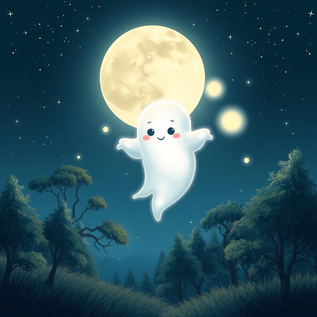 A whimsical ghost floating peacefully in a serene moonlit landscape, with soft glowing edges and a translucent body that shimmers ethereally