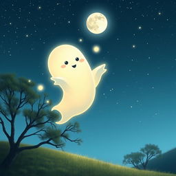A whimsical ghost floating peacefully in a serene moonlit landscape, with soft glowing edges and a translucent body that shimmers ethereally