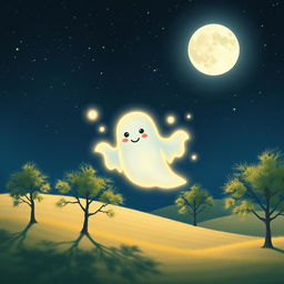 A whimsical ghost floating peacefully in a serene moonlit landscape, with soft glowing edges and a translucent body that shimmers ethereally