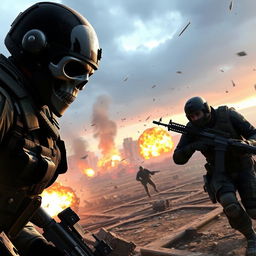 A dynamic and intense scene from a video game inspired by "Call of Duty: Ghosts", showcasing a futuristic battlefield with soldiers in tactical gear