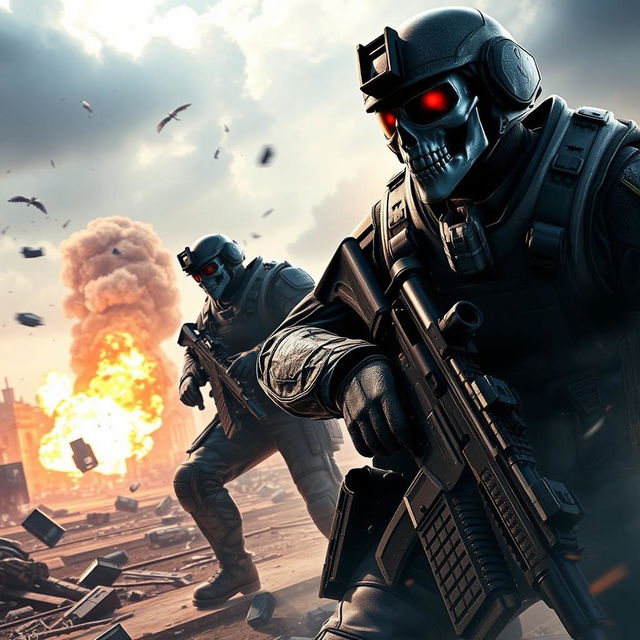 A dynamic and intense scene from a video game inspired by "Call of Duty: Ghosts", showcasing a futuristic battlefield with soldiers in tactical gear