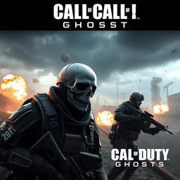 A dynamic and intense scene from a video game inspired by "Call of Duty: Ghosts", showcasing a futuristic battlefield with soldiers in tactical gear