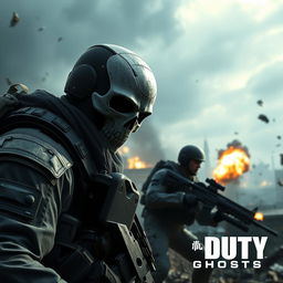 A dynamic and intense scene from a video game inspired by "Call of Duty: Ghosts", showcasing a futuristic battlefield with soldiers in tactical gear