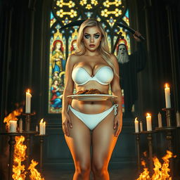 A striking 18-year-old voluptuous blonde girl with a thin face, featuring large round soft breasts, a soft belly, ultra wide soft fat round hips, large round thighs, and thick round legs