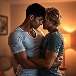 A sensual and intimate scene depicting two young men in a romantic embrace, showcasing their deep connection and affection for each other