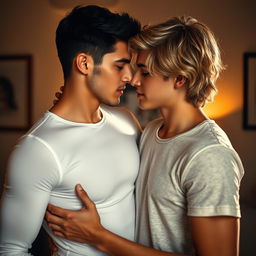 A sensual and intimate scene depicting two young men in a romantic embrace, showcasing their deep connection and affection for each other