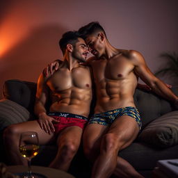 An intimate scene featuring two young men, both athletic and fit, lounging together