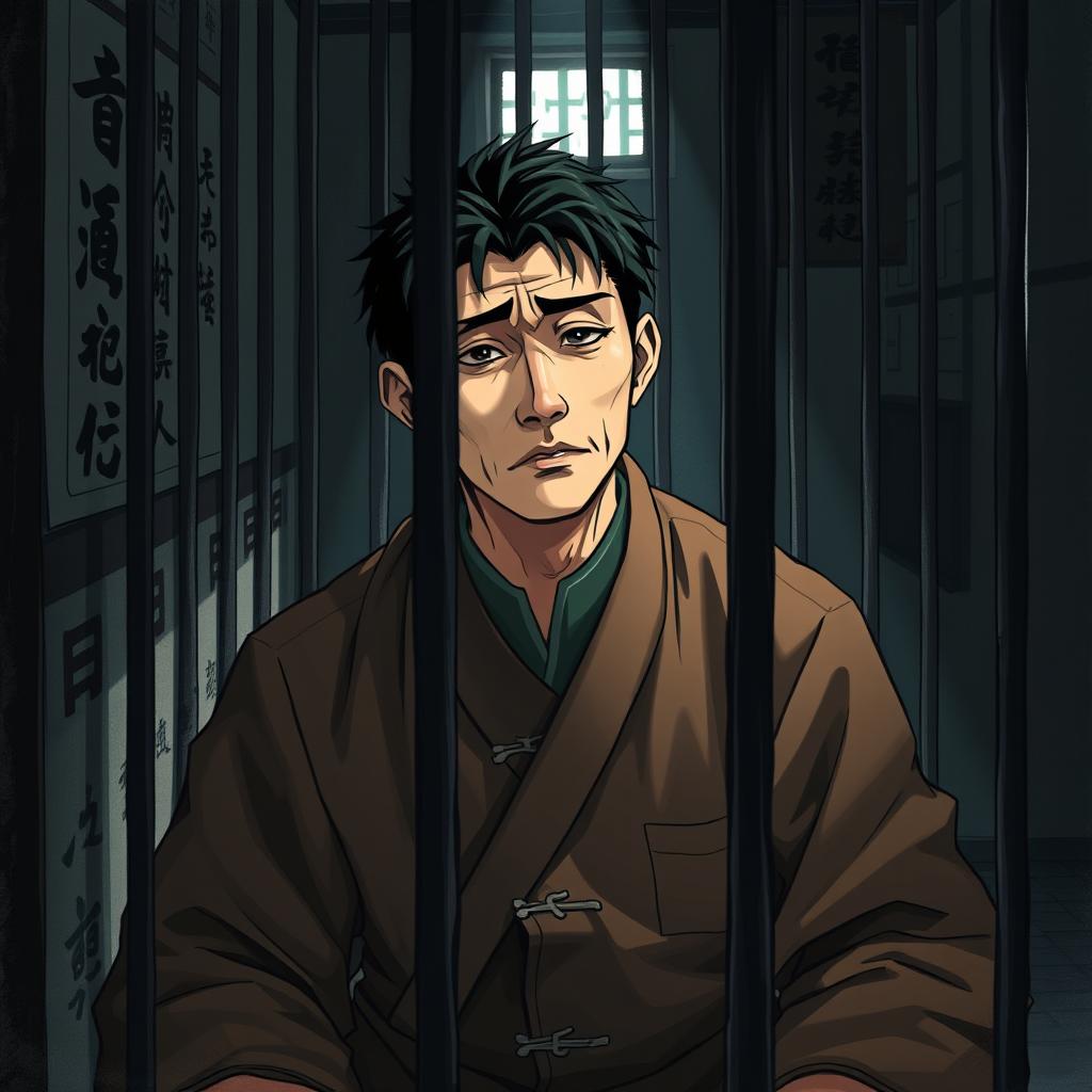 A dramatic and thought-provoking scene depicting a Chinese prisoner in a confined space, wearing a traditional prison outfit