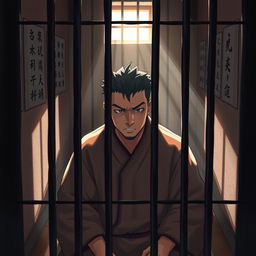 A dramatic and thought-provoking scene depicting a Chinese prisoner in a confined space, wearing a traditional prison outfit