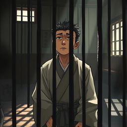A dramatic and thought-provoking scene depicting a Chinese prisoner in a confined space, wearing a traditional prison outfit
