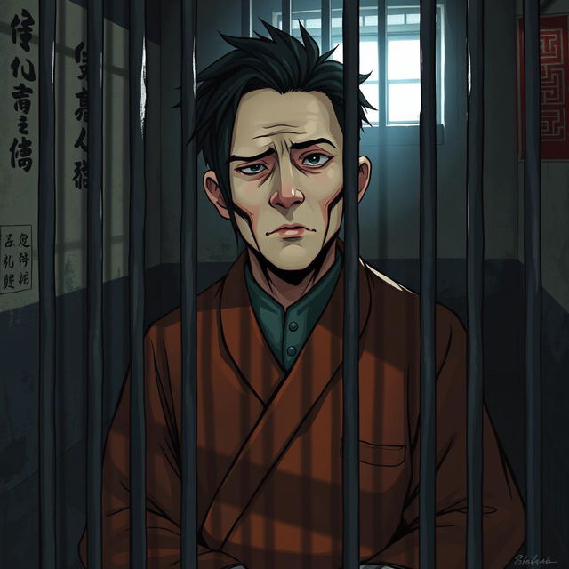 A dramatic and thought-provoking scene depicting a Chinese prisoner in a confined space, wearing a traditional prison outfit