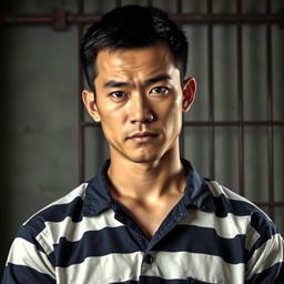 A strong-looking Chinese male prisoner with a fierce expression, short black hair, wearing a standard prison uniform featuring horizontal stripes in dark blue and white