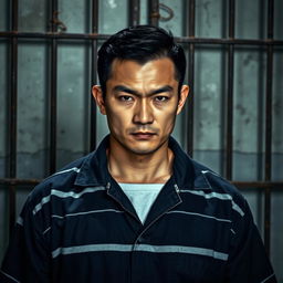 A strong-looking Chinese male prisoner with a fierce expression, short black hair, wearing a standard prison uniform featuring horizontal stripes in dark blue and white